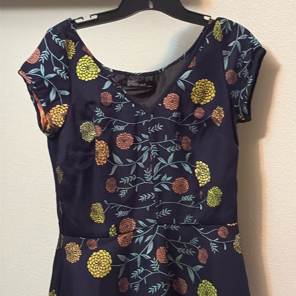 EShakti women’s Navy Blue Pink & Yellow Flower Print Dress Sz 10 pockets. NWOT - Picture 9 of 12